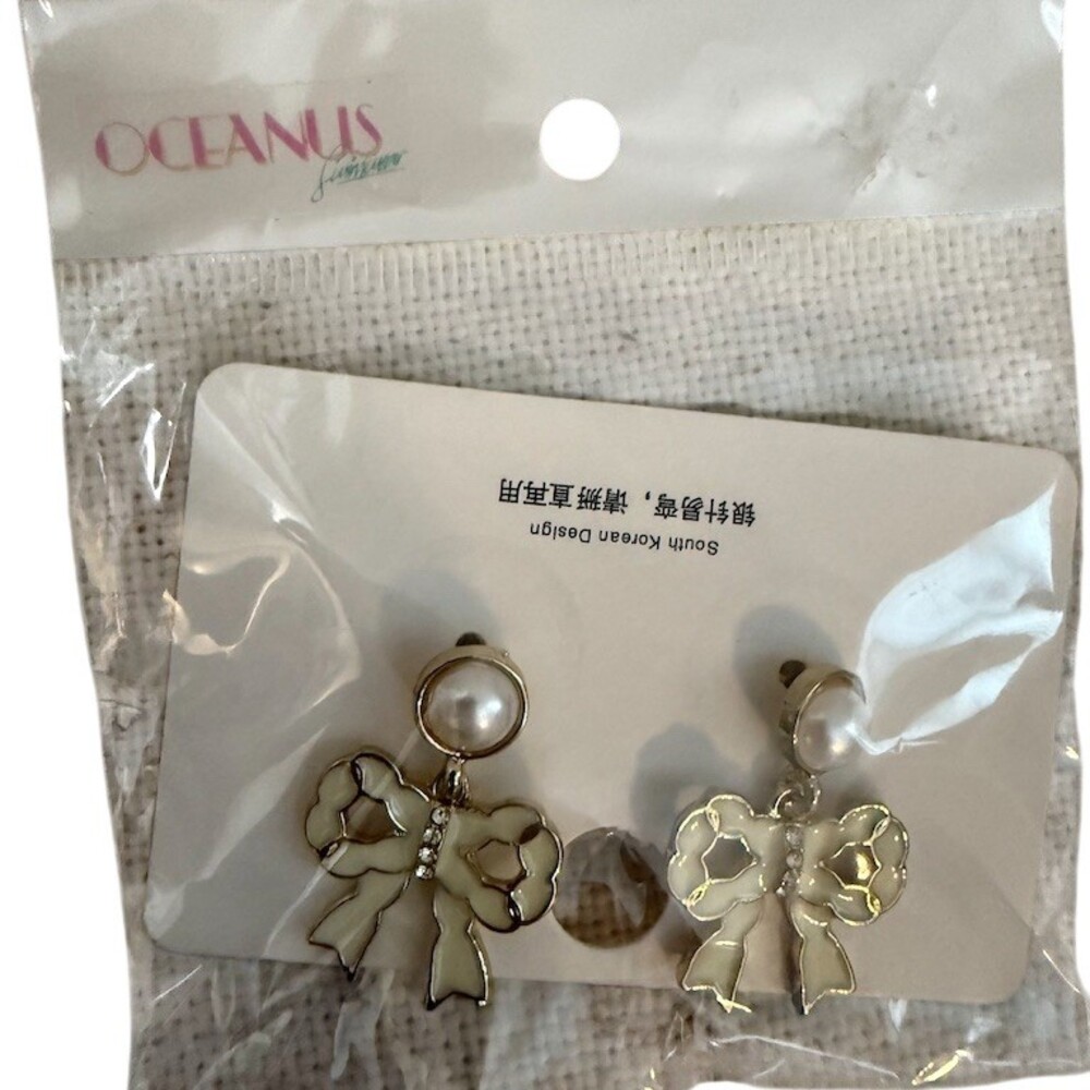 Oceanus Earrings White Faux Pearl Stud Bow Drop Dangle Rhinestone Silver